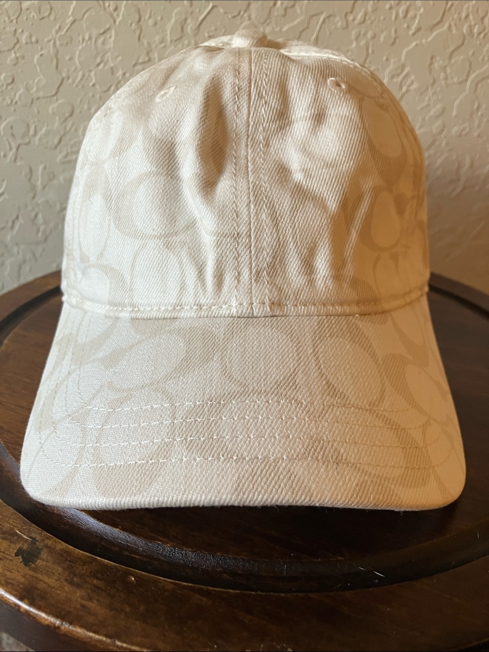 Coach: Cream Signature Baseball Cap- Leather Strap- M/L